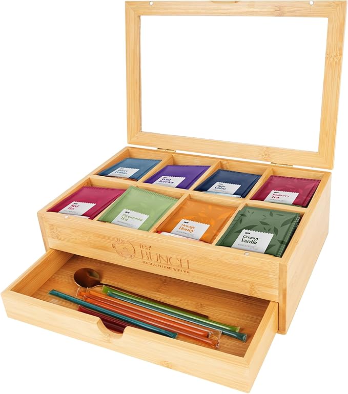 Bamboo Tea Bag Organizer – 8 Compartments, Drawer, Magnetic Lid, Premium Gift for Tea Lovers, Eco Kitchen Storage Box, Clear Window, Pantry Organizers And Storage (Organizer Only)