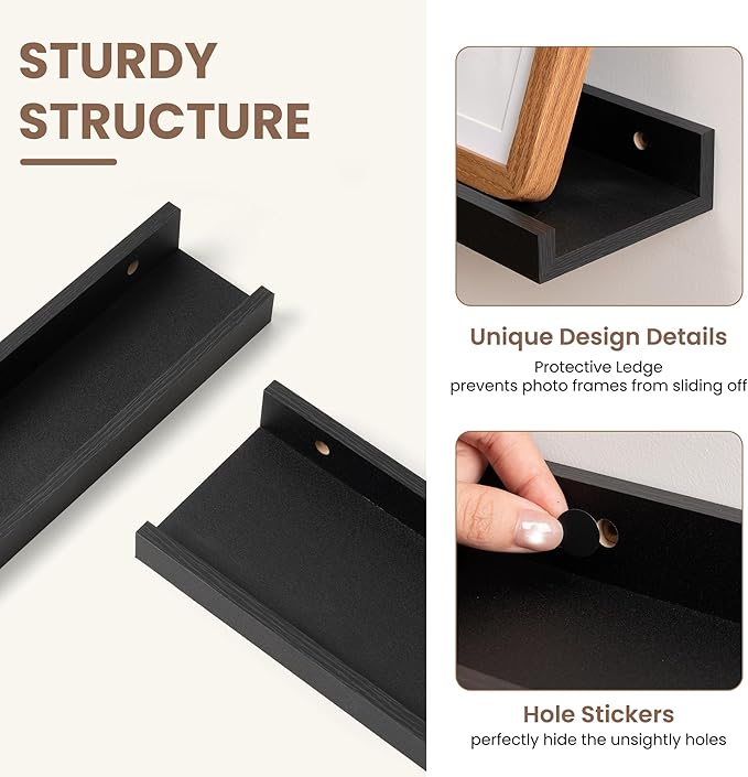 Fun Memories Picture Ledge Shelf, Black Floating Shelves Set of 4, 32 Inch Picture Shelves for Wall with Ledge, Large Nursery Book Shelf for Toys Storage, Living Room, Bedroom Decor Frames