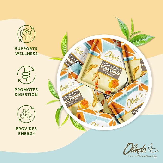 Olinda Turmeric Ginger & Ginseng Organic Herbal Tea 100 Tea Bags Caffeine-Free Brew Hot or Iced Tea Gift for Women & Tea Lovers