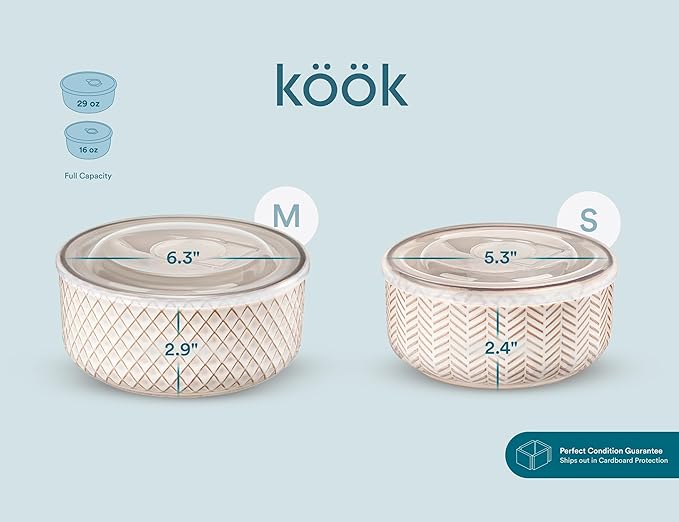 KooK Mixing Bowls, with Lids, Ceramic Nesting Bowls. Space Saving, Set of 4, Embossed, Kitchen, Prep, Stackable, Mix, Gift, Microwave and Dishwasher Safe, 16/29/47/70 oz, Narbonne Collection (Ivory)