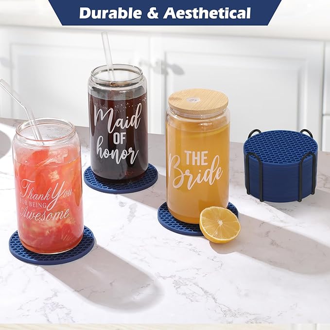 Silicone Coasters Set of 8 with Holder,Coasters Drinks,Beer,Coffee Coasters,Suitable Kinds Cups,Hot or Cold,Anti-SLI,Non-Stick,Anti-Overflow Tabletop Protection and Decor (8 Pcs, Navy Blue)
