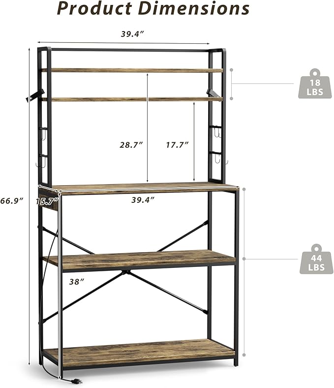 JUMMICO Backers Rack with Power Outlet, 39.4" W Kitchen Microwave Stand with 8 S-Shaped Hooks, 5 Tiers Coffee Bar Station Storage Shelf for Spices, Pots, Rustic Brown