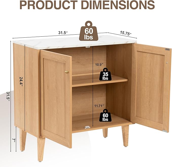 Modern Storage Cabinet Freestanding Accent Cabinet Sideboard Buffet with Faux Marble Top & Adjustable Shelves Wooden Organizer for Dining Room, Living Room Entryway Natural Oak