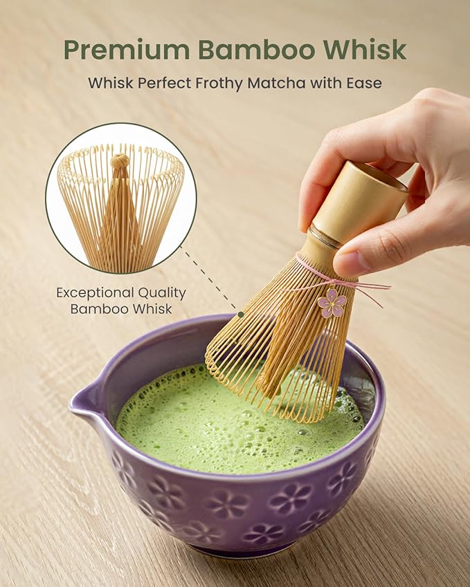 Matcha Whisk Sets 7 Pcs Includes Ceramic Bowl, Bamboo Whisk, Scoop, Sifter, Whisk Holder, Scoop Rest & Tea Towel | Japanese Matcha Ceremony Gift Set for Matcha Lovers (Purple)