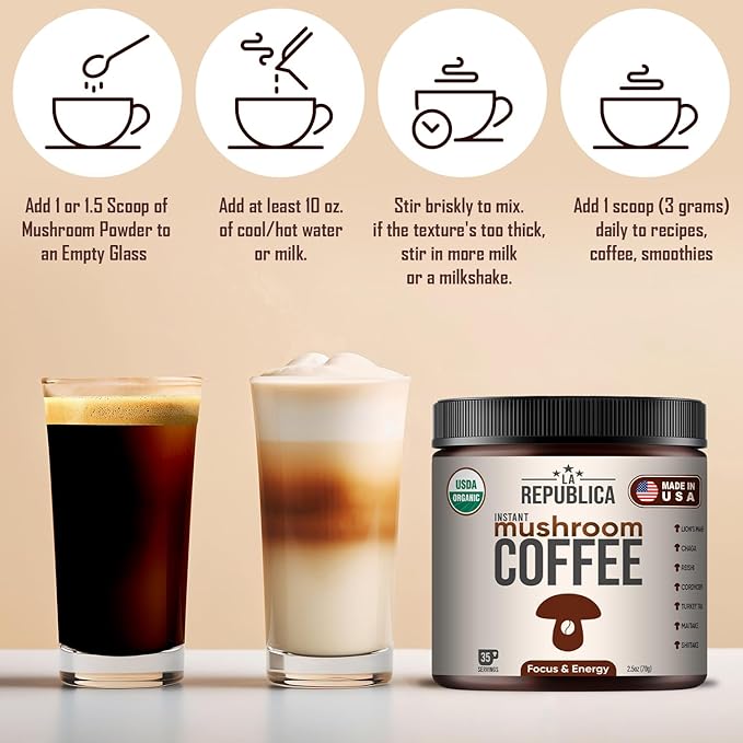 La Republica Instant Mushroom Coffee Organic 2-Pack (70 Servings), 100% Arabica with Lion's Mane, Reishi, Chaga, Cordyceps, Shiitake, Maitake, Turkey Tail