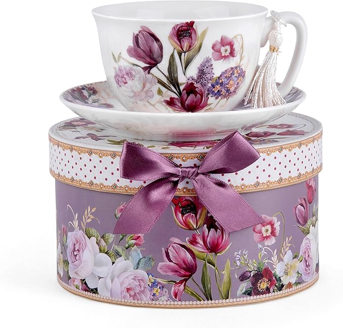 Tulip Bone China Cup 8.45 fl oz.(250ml) and Saucer 5.78"(14.7cm) Set in Gift Box