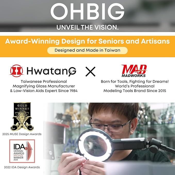 HWATANG OHBIG x MADWORKS 1.6X/2.5D/100mm Dimming Toning LED Magnifying Glass - Green Glass Lens, Daily Vision, Insect Observation, Soldering, Ra 94 Ring Light, 40+ Reading Magnifier (Handheld)