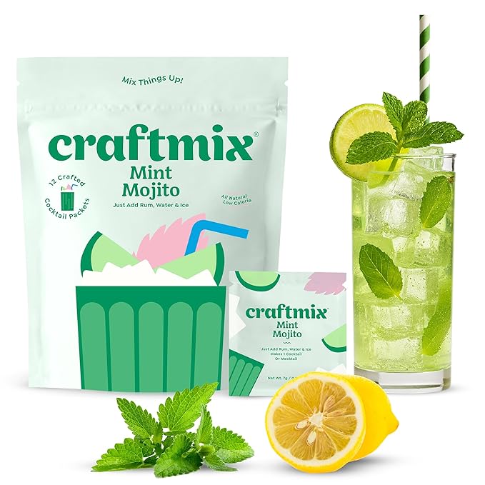 Craftmix Mint Mojito Cocktail & Mocktail Drink Mixer, Skinny Mixes - Water Flavoring Packets - Made With Real Fruit - Vegan Low-Carb, Low-Sugar, Non-GMO, Dairy Free, Gluten Free, 12 Pack