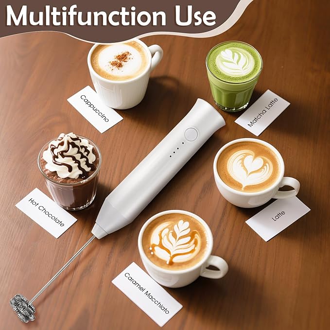 Milk Frother Handheld Rechargeable, Frother Wand Drink Mixer Electric Whisk for Coffee, Detachable With 2 Stainless Whisks, Hand Mixer for Lattes, Matcha, Egg, Gift for Christmas(White)