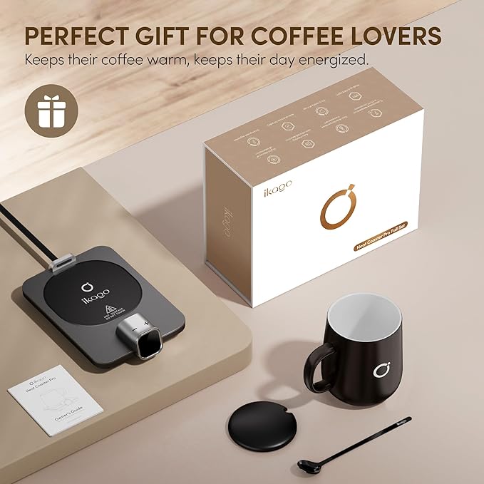 Coffee Mug Warmer Set, ±1°F Precision Temperature Control Smart Heated Mug for Desk, Electric Coffee Warmer with Auto Shut Off & Real-Time Temp Display, Gifts for Men Women, 15oz Ceramic Mug, Black