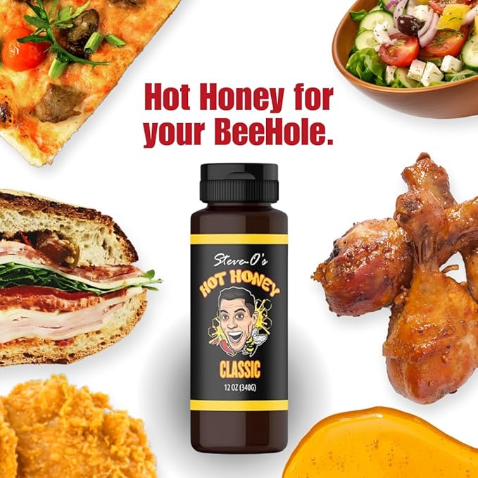 Steve-O's Hot Honey - Classic | Golden Honey & Carolina Reaper Peppers, Sweet & Spicy | Marinades, Dressings, Pizza, Wings, Breakfast & More (12 oz)