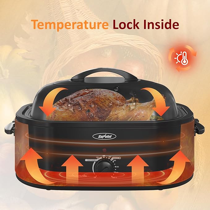 Sunvivi 18-Quart Roaster Oven with Self-Basting Lid, Electric Turkey Roaster Oven with Removable Pan and Rack, Stainless Steel, Black