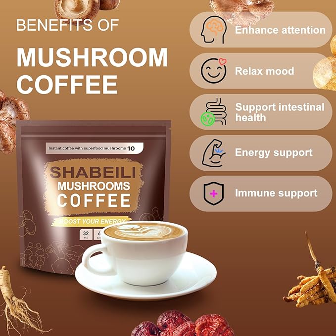 Mushroom Coffee, Instant Blend Mushroom Coffee with Lions Mane Cordyceps Reishi for Energy Focus Mood Support and Immune Boost(32 Servings)