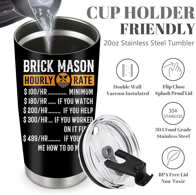 Bricklayer Gifts for Men, Brickmason Brick Masonry Gifts for Dad, Stainless Steel Insulated Tumbler 20oz