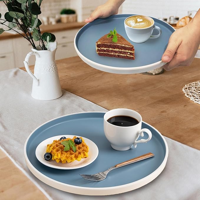 Decorative Serving Tray Round Food Tray Blue Coffee Table Tray Plastic Tray for Serving Food, Breakfast, Fruit, Snack, Drinks in Kitchen Living Room/Bedroom or Office