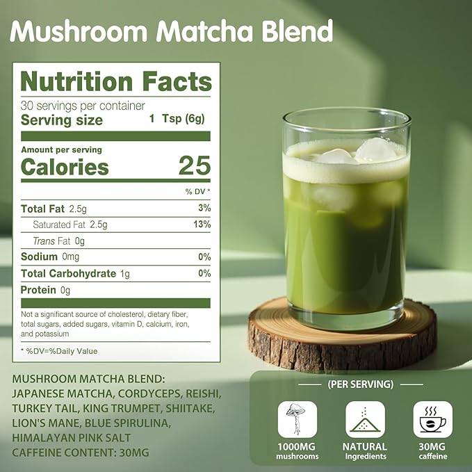 Mushroom Matcha, 6 Adaptogenic Mushrooms (Lion's Mane, Cordyceps, Turkey Tail & Other) Mixed with Ceremonial Grade Matcha for Focus, Energy, Immune and Digestion Health Support, 30 Servings