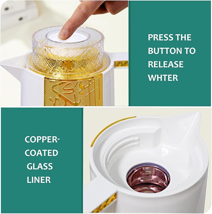 Arabic Style Insulated Coffee Carafe,33 oz,Vacuum Thermal Pot Double Wall Insulation with Lid Teapot,Keeping Hot/Cold,Tea, Water, and Coffee Dispenser,Housewarming Ornaments (White and Gold)