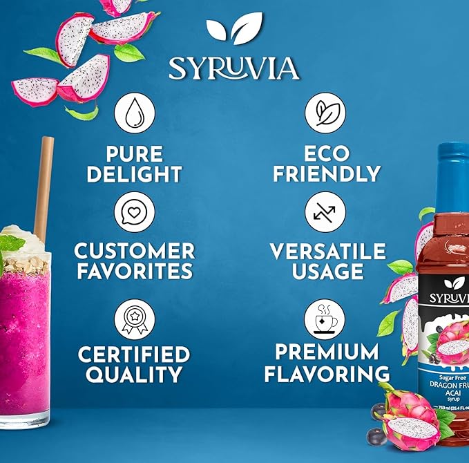 Syruvia Sugar-Free Dragon Fruit Acai Syrup - 25.4 fl oz. Premium Coffee Flavoring Syrup. 0 Calories, Kosher, and Gluten-Free. Perfect for Drinks, Sodas, Shakes, Desserts, and More. (Pack of 2)