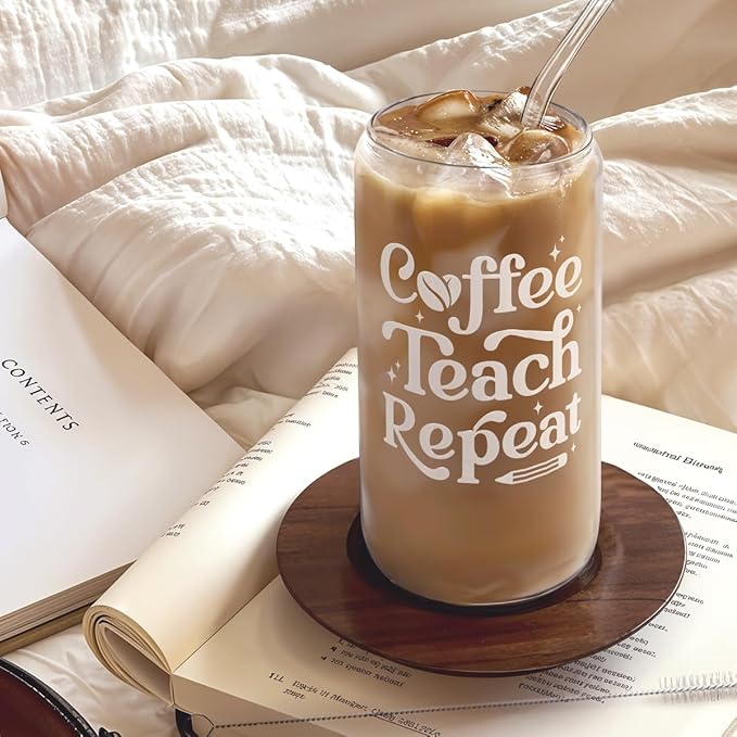 SANDJEST Teacher Glass Can, Coffee Teach Repeat Cup, Coffee Aesthetic Cups, Gift for Christmas Thanksgiving Birthday Teacher Appreciation, Gifts for Women, 16oz