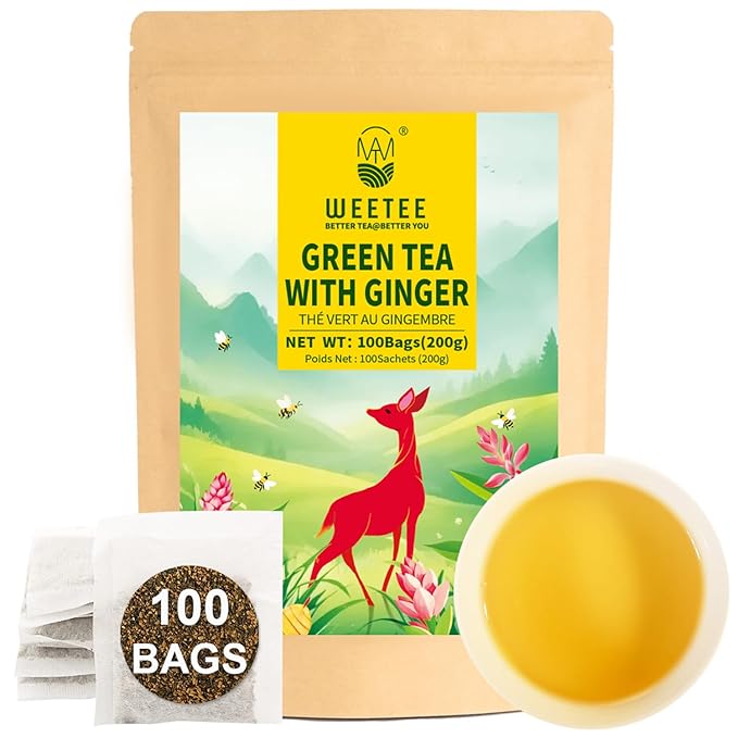 WT WEETEE Green Tea with Ginger, 100 Count Real Ginger & Premium Green Tea Bags | Warm & Strong, No Flavorings | Digestive Comfort & Light Energy