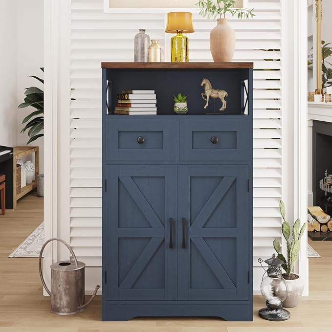 Farmhouse Blue Storage Cabinet with Barn Doors and Drawers, Small Freestanding Kitchen Pantry Cabinet, Hutch Cupboard for Kitchen, Laundry, Living Room,Bathroom