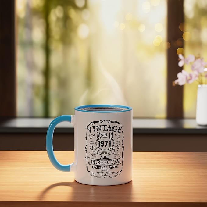 54th birthday, retro Vintage Design, man, woman 1971 Ceramic Mug, Blue/White