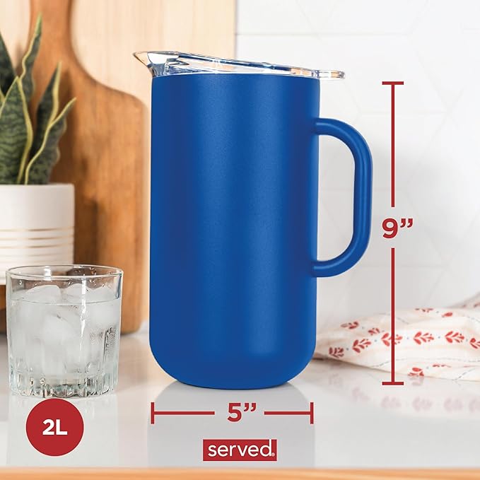 Served Premium Insulated Pitcher (2L/66oz) - Double Walled, Copper Lined Stainless Steel Pitcher with Lid - Vacuum Insulated Carafe for Hot Coffee, Tea, Iced Drinks, Water, Cocktails, and More