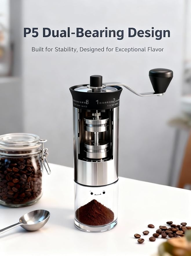 LAMIDO Mini Manual Coffee Grinder, 56 External Adjustable Settings, 30g Capacity, Portable Ceramic Conical Burr Mill with Crank, Single Dose Hand Grinder for Camping, Travel - Stainless Steel Finish