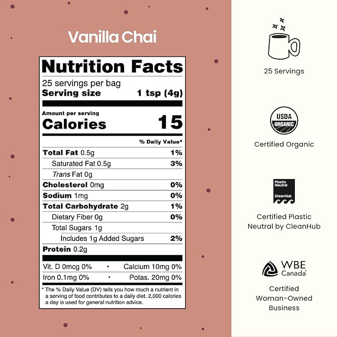 Blume Superfoods Latte - Vanilla Chai Blend with Black Tea, Cardamon, Cinnamon, Low-Caffeine, Low-Sugar, Organic, Keto Friendly, Vegan, Mushroom Blend- 25 Servings