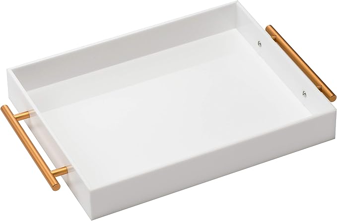 Glossy White Acrylic Tray with Metal Handle,No Need to Assemble-Acrylic Tray for Ottoman,Coffee Table, Breakfast, Tea, Food, Butler - Decorative Tray (12x18 Inch, White)