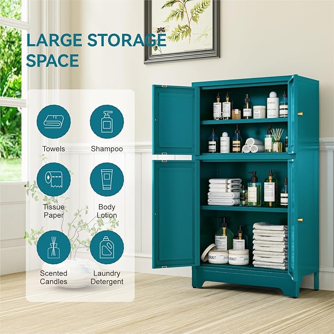 Metal Bathroom Storage Cabinet, Freestanding Pantry Floor Cabinet with 4 Doors and 2 Adjustable Shelves for Living Room, Dining Room, Kitchen (Blue, 43.3" H-4 Doors)
