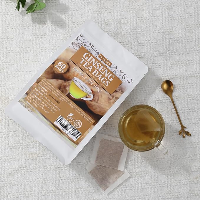 Premium 60 Ginseng Tea Bags, Made with Pure 100% Natural Wild Ginseng Root, Energizing & Immune Support, No Artificial Flavors & Caffeine Free.