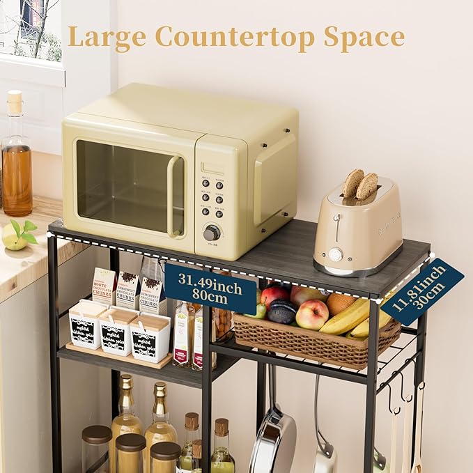 Consumest Microwave Stand, Adjustable Coffee Bar Cabinet, Multifunctional Pan Organizer with 6 Hooks and 3 Shelves, Bakers Rack for Shovel, Pots, Fruits, Vegetables, Grey & Black