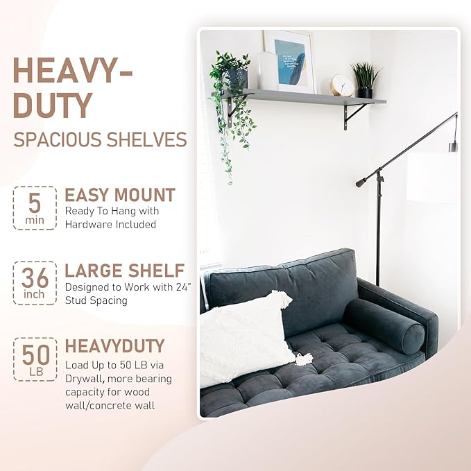 Kaboon 36 inch Long 10 inch Deep Floating Shelves for Wall Set of 2, Large Open Shelves Wall Mounted, Space Saving Home and Commercial Use, Gray