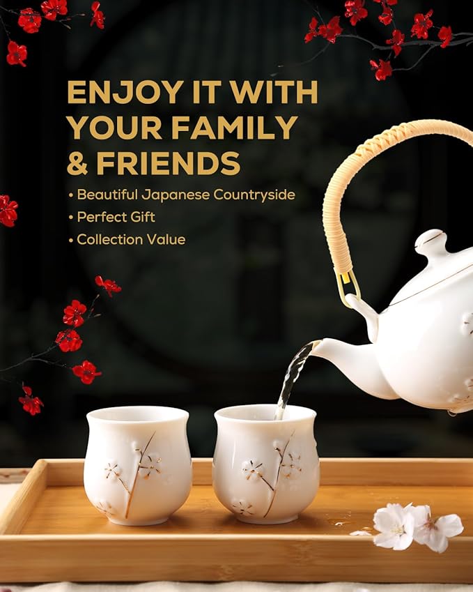 Dujust Japanese Tea Set, White Porcelain Tea Set with 1 Teapot Set, 6 Tea Cups, 1 Tea Tray, 1 Stainless Infuser, Cute Asian Tea Sets for Adults/Tea Lover/Women/Men (Plum in Golden)