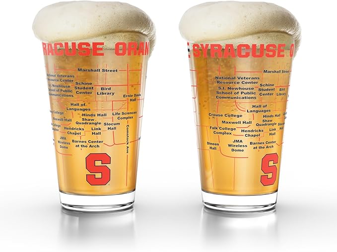 Greenline Goods – University of Syracuse Orange College Pint Beer Glasses (Set of 2), 16 oz – Full-Color Logo + Campus Map