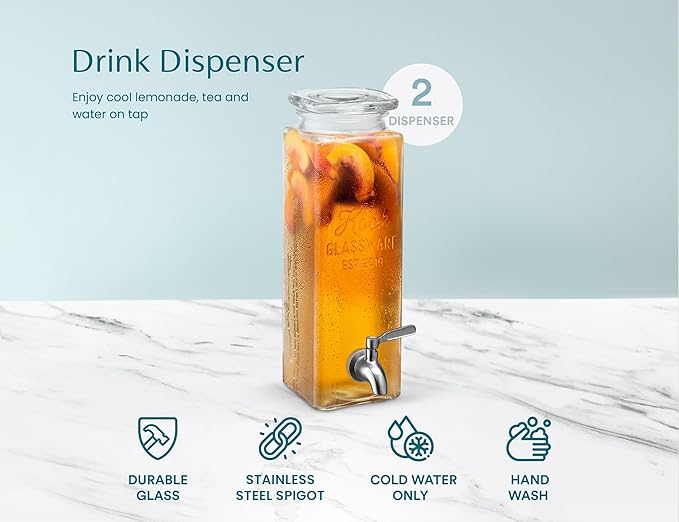 Kook Glass Drink Dispenser, with Leak-Proof Stainless Steel Spigot, Clear Rectangular Mason Jar, Beverage Storage for Fridge, for Water, Iced Tea, Sangria, Lemonade, 80 oz (2)