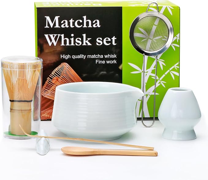 Accguan Matcha Whisk Set, 7pcs - Bamboo & Ceramic, Includes 19 oz Bowl, Whisk, Spoons, Holder, Sifter & More - Perfect for Matcha Lovers