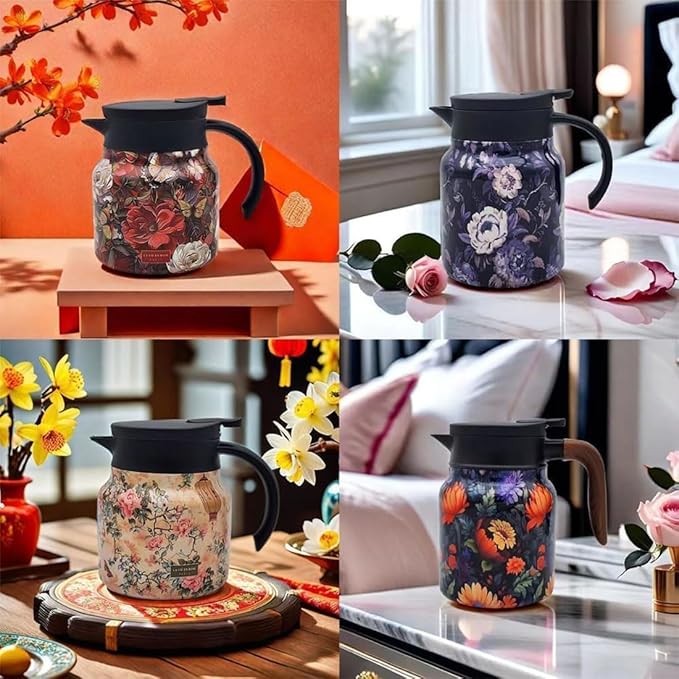 Vintage Floral Pattern Teapot – Built-In Infuser, 800ML/1000ML Heatproof Stainless Steel Teapot with Lid for Hot Drinks (Orange, 800ml-Wooden handle)