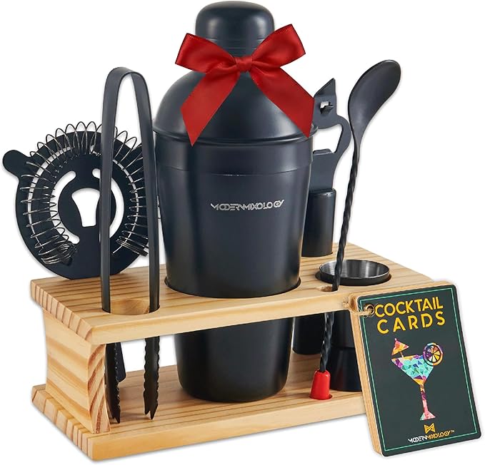 Modern Mixology Cocktail Shaker Set - 8 Piece Bartender Kit with Martini Shaker and Popular Bar Accessories on Quality Pine Stand - Leak Proof Design (Black)