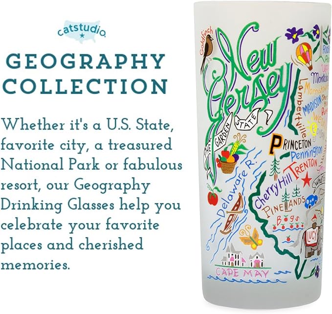 Catstudio Drinking Glass, New Jersey Frosted Glass Cup for Kitchen, Drinking Glasses, 15oz Dishwasher Safe Tumbler for New Jersey Lovers