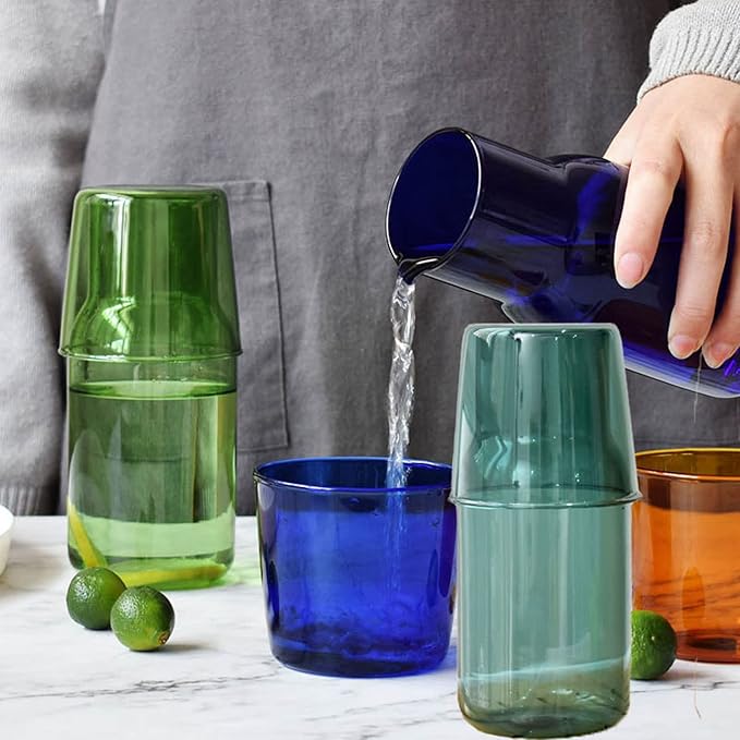 Bedside Glass Water Carafe Set with Cup, Glass Carafe with Lid Mouthwash Cups for Bedroom Bathroom Juice Wine Milk