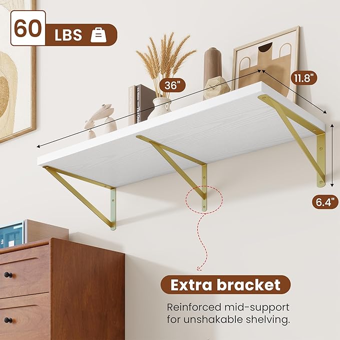 Deep Wall Shelves 36"W x 12"D Engineered Wood Floating Shelves for Wall, Sturdy Metal Bracket(Gold) Bookshelves Home Decor Storage for Living Room Bedroom Bathroom Kitchen, Set of 2, White Finish