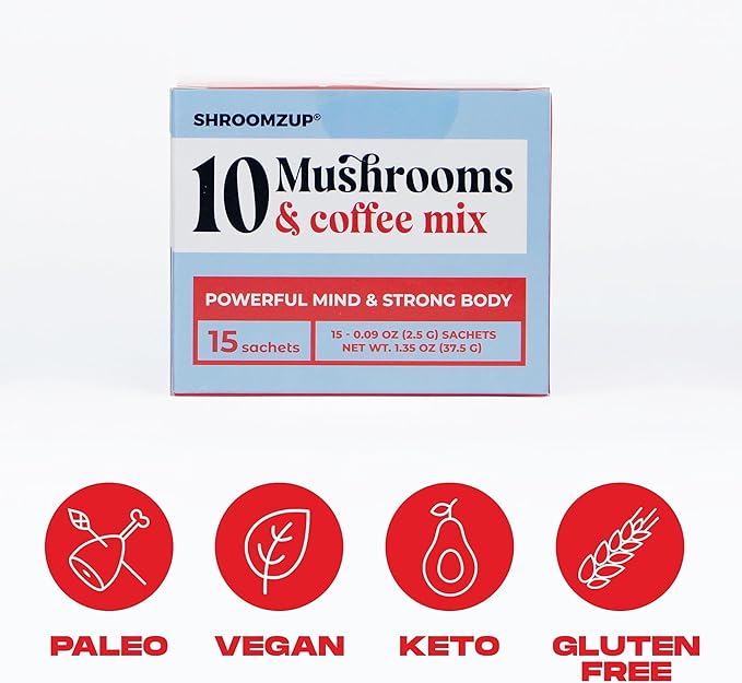 Shroomzup Mushroom Coffee Instant with 10 Mushrooms - 15 Single Packets with Reishi, Lion's Mane, Chaga, Turkey Tail, Cordyceps Mushrooms - Nootropic Mushroom Coffee for Energy Vegan Shroom Coffee
