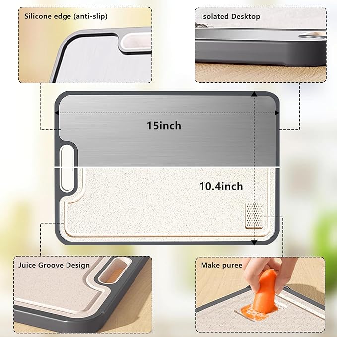 FIRE HIVE Upgraded Universal High Hardness Stainless Steel & Platycodon PP Material Double-Sided Cutting Board, Suitable for Non-toxic Cutting Boards with Juice Troughs for Home and Kitchen Use