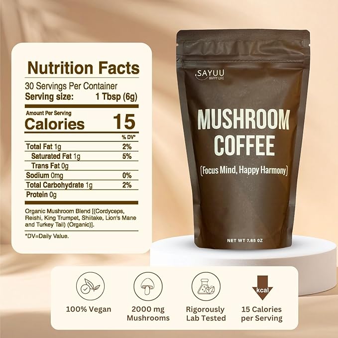 SAYUU Mushroom Coffee Blend – Focus, Energy & Harmony – Vegan, Functional Mushrooms, Cordyceps, Lion’s Mane & Reishi –Dietary Supplement - 30 Servings