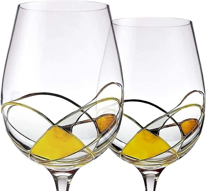 Bezrat Wine Glasses Hand Painted - Set of 2 - Women Wine Gift - Wine Lover Glass - Beautiful Glassware Gifts Ideas for Women Inspired by 'Duomo di Milano' Mothers Day - 14 oz (Gold)
