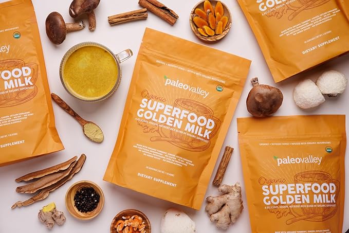Paleovalley Organic Superfood Golden Milk - Immune, Focus, Cognitive, Longevity - Turmeric, MCT-Rich Coconut Milk, Functional Mushrooms, 28 Servings