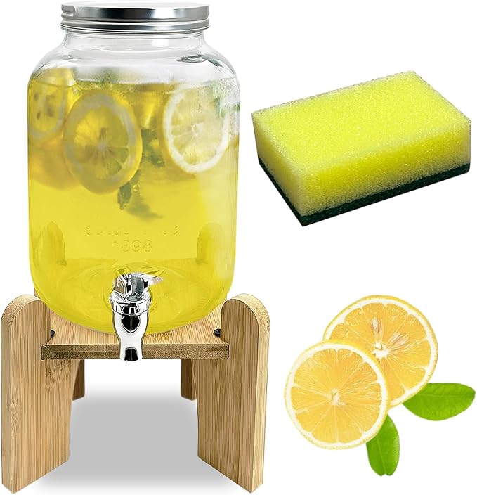Tfwadmx 1 Gallon Drink Dispenser for Parties, Beverage Dispenser With Wood Stand Lemonade Dispenser Iced Tea Pitcher Party Beverage Dispenser for Lemonade, Juice, Punch, Water, Outdoor, Daily Use