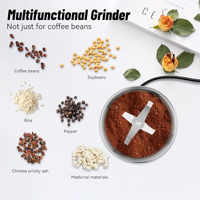 One-Touch Coffee Grinder and Multi-Purpose Grinder with Extended Power Cord & 4 Sharp Blades, for Convenient Grinding of Coffee, Spices, and Seeds Anywhere